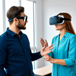 **

A therapist guiding a patient wearing a VR headset in a bright, modern office setting, fully clothed, appropriate attire, safe for work, perfect anatomy, natural proportions, professional photography, high quality, family-friendly. The therapist is gesturing supportively, demonstrating empathy and care. The focus is on the professional relationship and safe environment.

**
