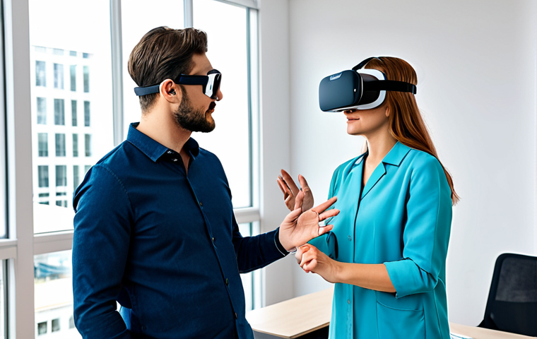 **

A therapist guiding a patient wearing a VR headset in a bright, modern office setting, fully clothed, appropriate attire, safe for work, perfect anatomy, natural proportions, professional photography, high quality, family-friendly. The therapist is gesturing supportively, demonstrating empathy and care. The focus is on the professional relationship and safe environment.

**