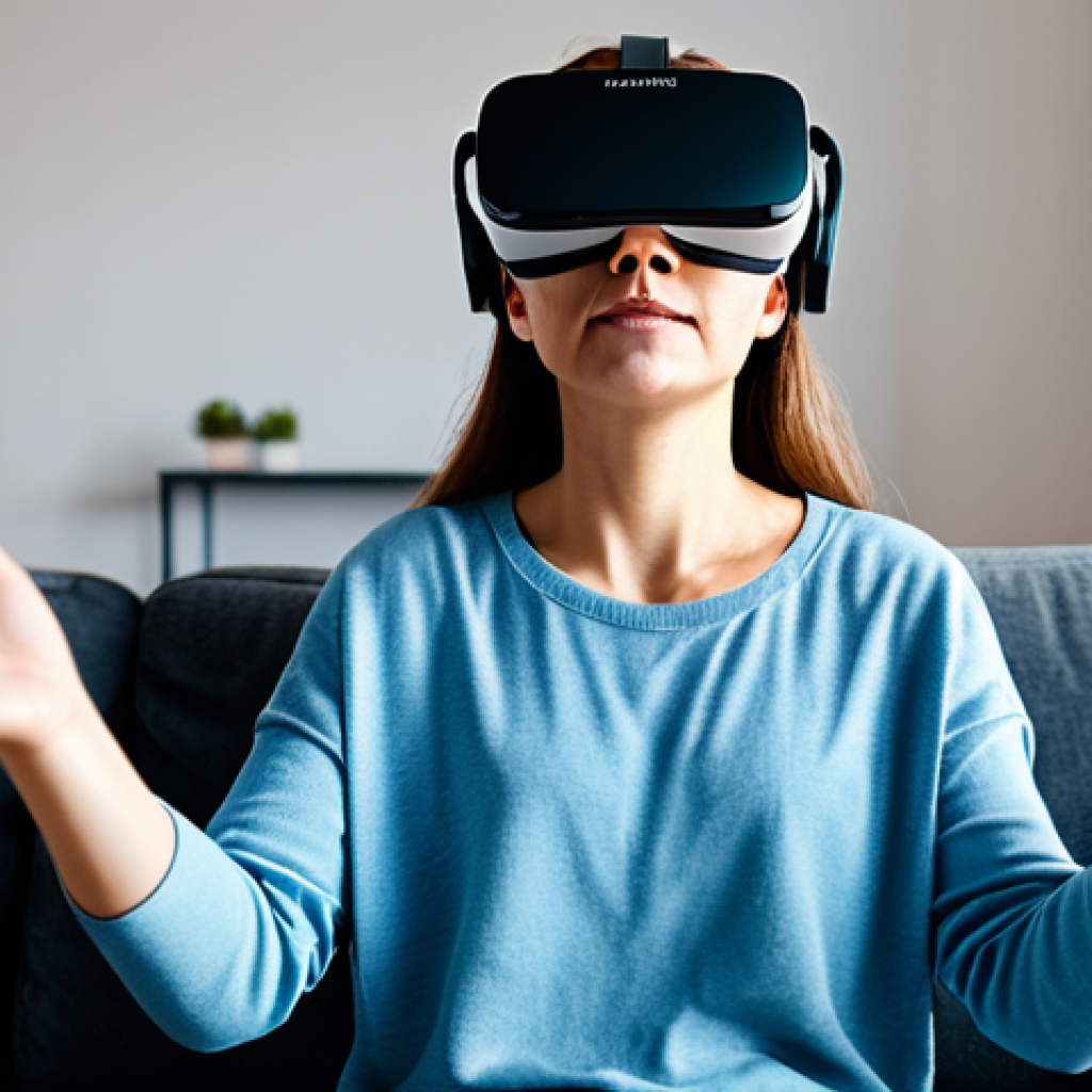 VR 기반 사회불안증 치료 방법 - VR Therapy Session**
A fully clothed woman wearing a VR headset in a comfortable living room settin...