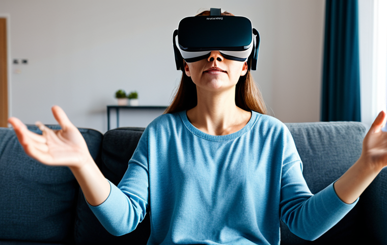 VR 기반 사회불안증 치료 방법 - VR Therapy Session**
A fully clothed woman wearing a VR headset in a comfortable living room settin...