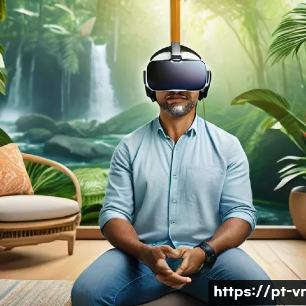 VR 심리치료 관련 FAQ - A middle-aged Brazilian man wearing casual modern clothing and VR headset, seated comfortably in a b...