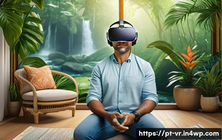 VR 심리치료 관련 FAQ - A middle-aged Brazilian man wearing casual modern clothing and VR headset, seated comfortably in a b...