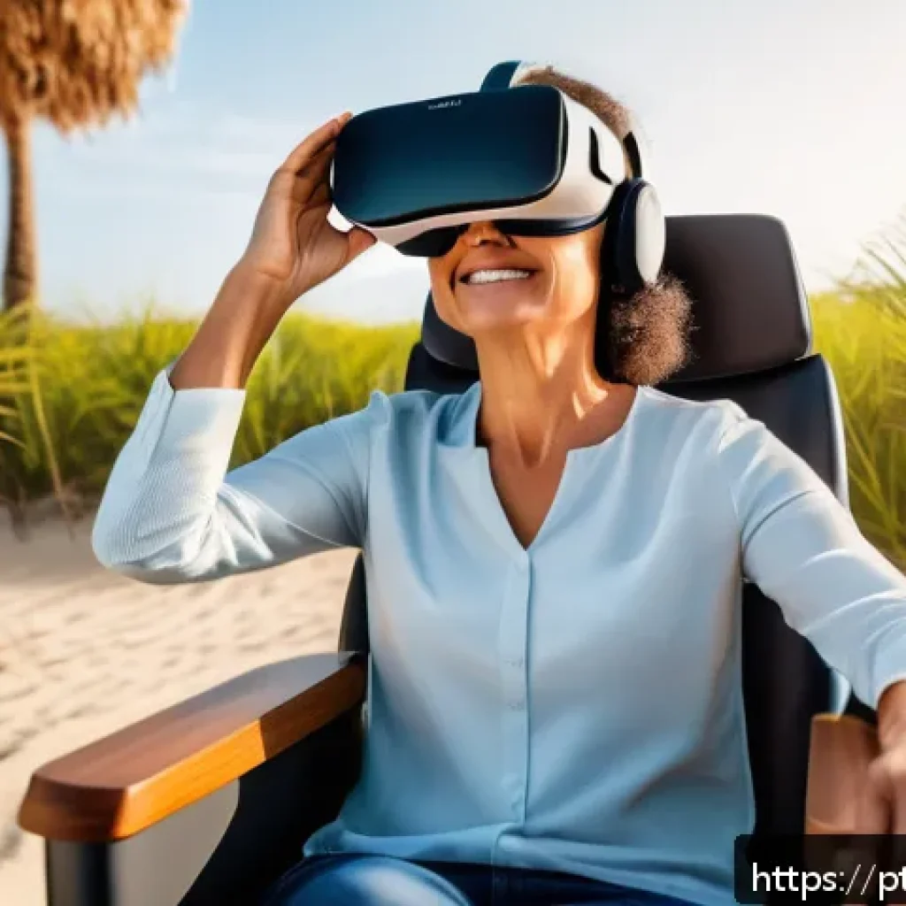 VR 치료의 실제 사례 및 적용 가능성 - A modern clinical setting where a middle-aged woman wearing comfortable casual clothing and subtle m...