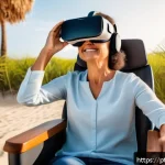 Home 21 VR 치료의 실제 사례 및 적용 가능성 - A modern clinical setting where a middle-aged woman wearing comfortable casual clothing and subtle m...