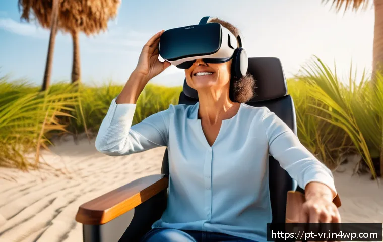 VR 치료의 실제 사례 및 적용 가능성 - A modern clinical setting where a middle-aged woman wearing comfortable casual clothing and subtle m...