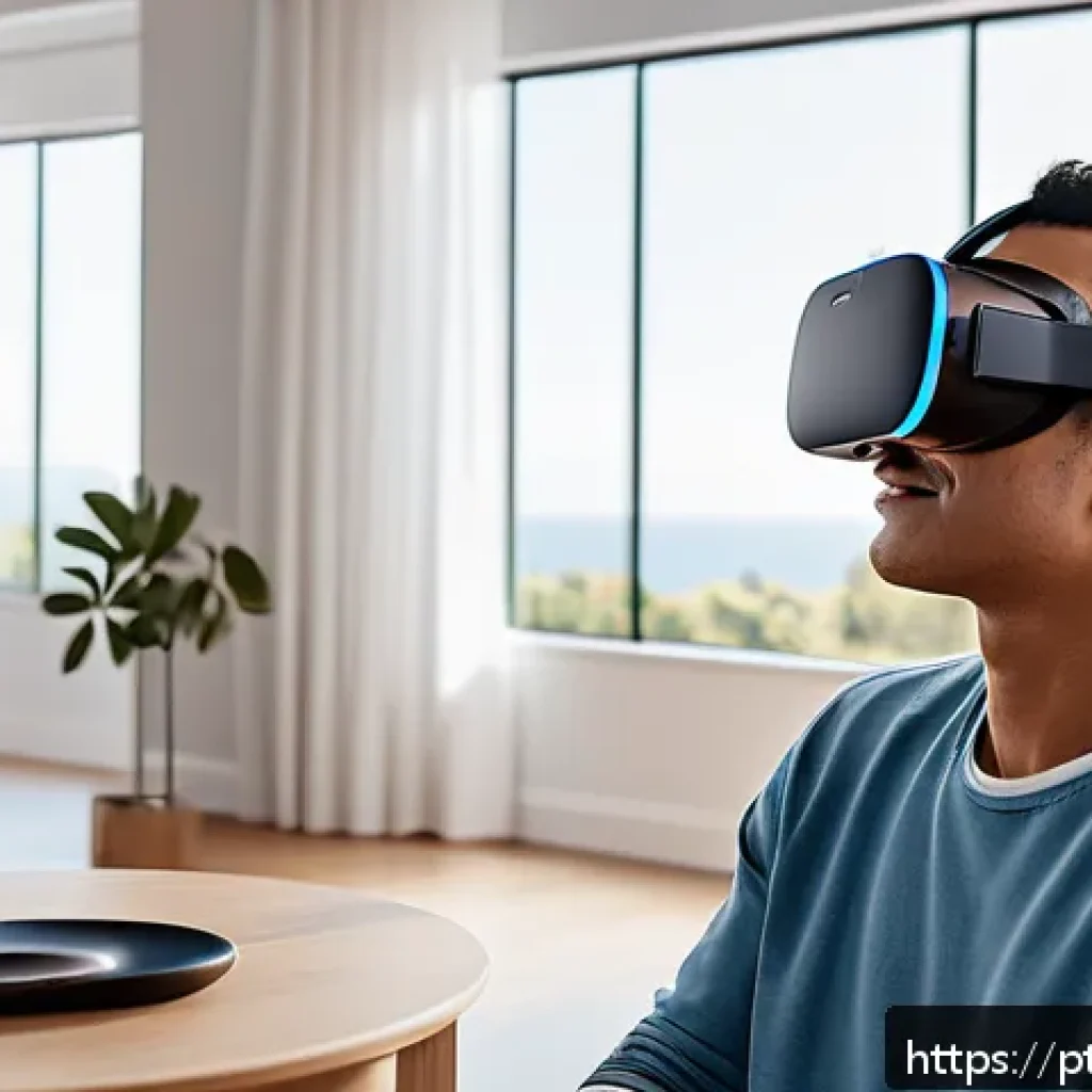 VR 플랫폼 비교 어떤 것을 선택해야 할까 - A modern living room setting with a young adult wearing a lightweight Oculus Quest 2 VR headset and ...