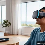 Home 20 VR 플랫폼 비교 어떤 것을 선택해야 할까 - A modern living room setting with a young adult wearing a lightweight Oculus Quest 2 VR headset and ...