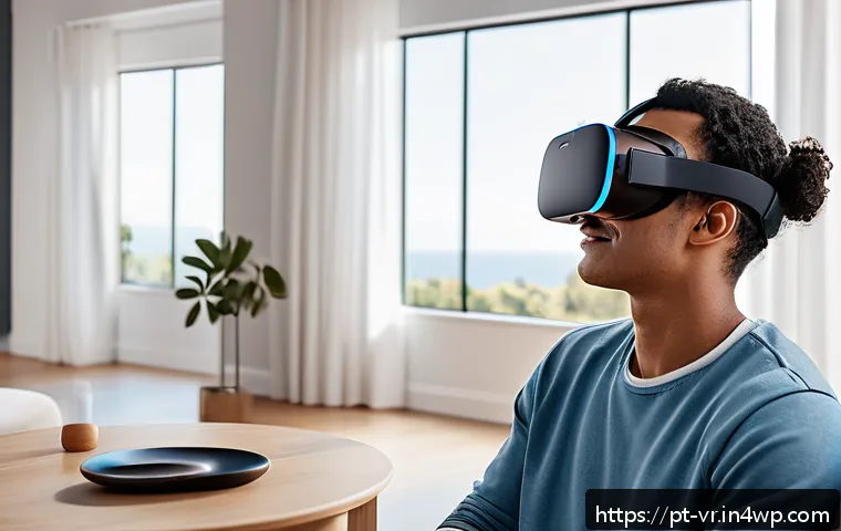 VR 플랫폼 비교 어떤 것을 선택해야 할까 - A modern living room setting with a young adult wearing a lightweight Oculus Quest 2 VR headset and ...