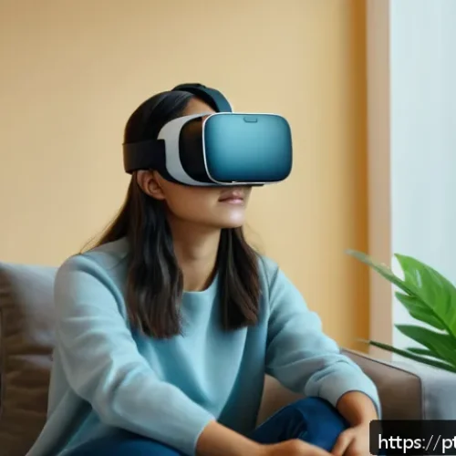 Home 31 가상현실을 통한 자기 개발과 심리치료 - A young adult woman wearing casual modern clothing and virtual reality headset, sitting comfortably ...