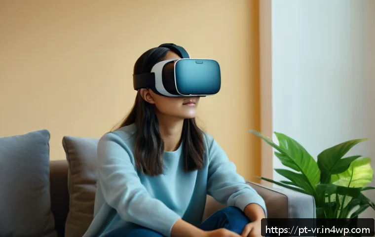 가상현실을 통한 자기 개발과 심리치료 - A young adult woman wearing casual modern clothing and virtual reality headset, sitting comfortably ...