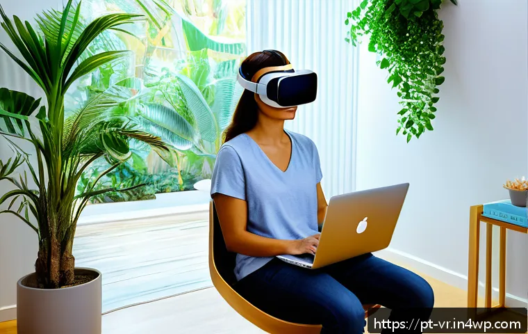 VR 심리치료의 트렌드 및 혁신 - A serene therapy room featuring a Brazilian patient wearing comfortable casual clothes and VR headse...
