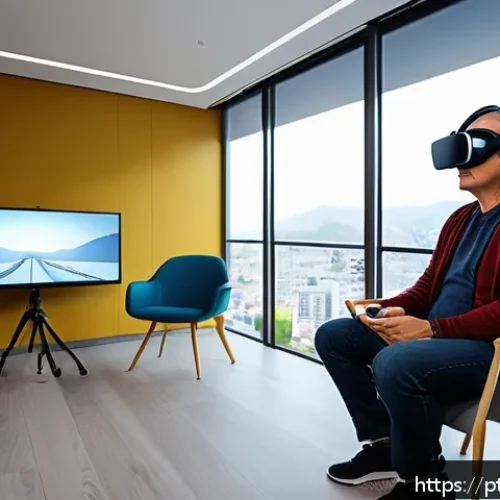 Home 17 VR 심리치료와 전통적 치료의 차이점 - A modern therapy room featuring a middle-aged Brazilian patient wearing casual clothing and VR heads...