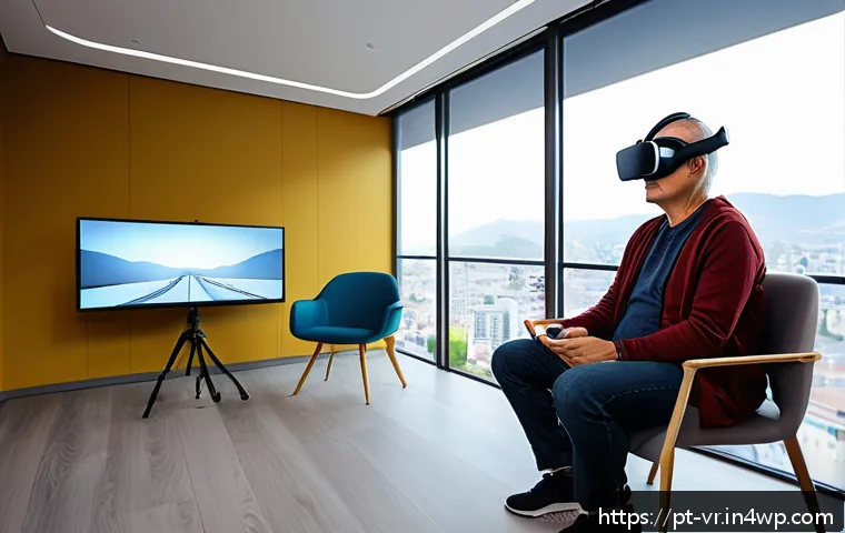 VR 심리치료와 전통적 치료의 차이점 - A modern therapy room featuring a middle-aged Brazilian patient wearing casual clothing and VR heads...
