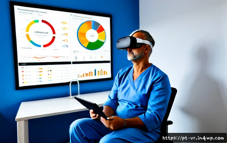 Home 17 VR 치료에서의 데이터 수집 및 분석 방법 - Photorealistic clinical therapy room in Portugal, a middle-aged Portuguese patient wearing a modern ...