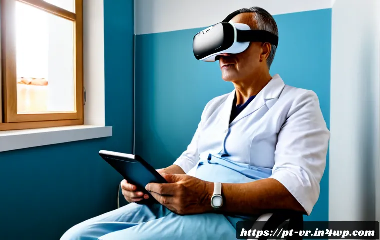 Home 17 가상현실 치료 사용자의 피드백 분석 - Photorealistic healthcare consultation in a modern Portuguese clinic, middle-aged patient wearing a ...